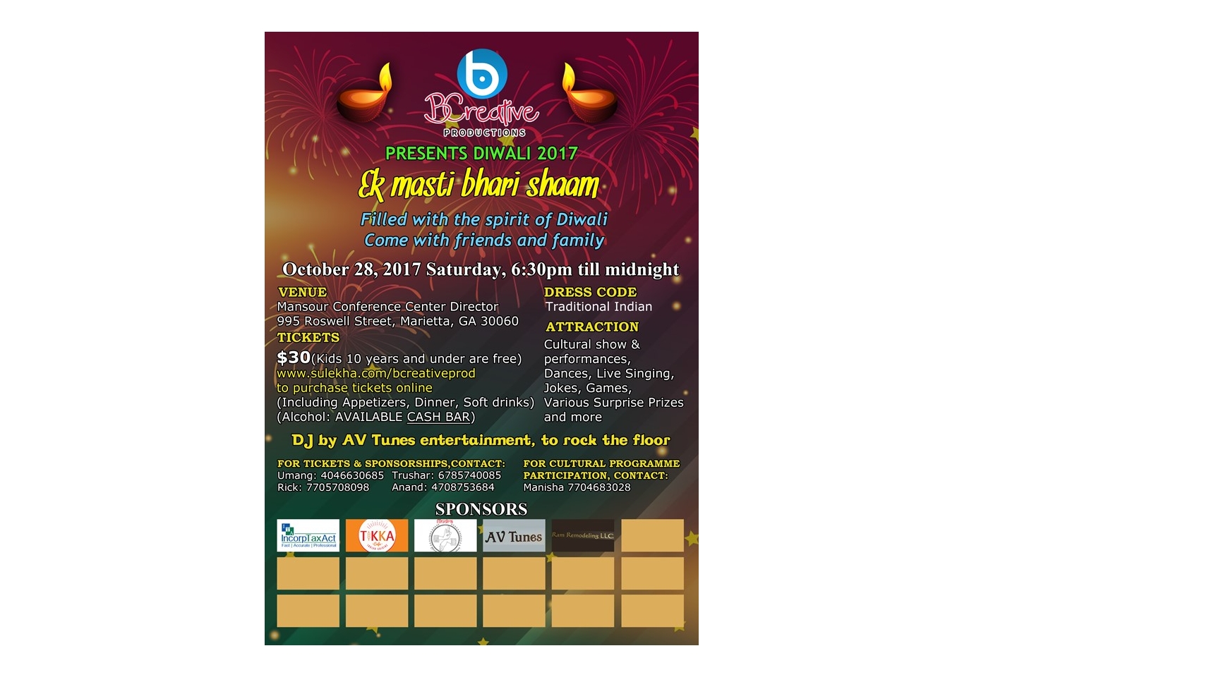Diwali 2017 – Ek Masti Bhari Shaam Buy Tickets Online | Marietta , Sat , 2017-10-28 | ThisisShow